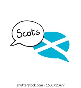 The Scottish language. Vector illustration of two doodle speech bubbles with a national flag of Scotland and hand writing. Foreign language course, school or travel agency design.