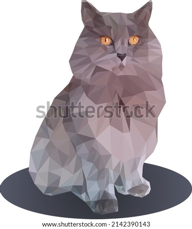 Scottish longhair blue cat in low poly technique sits on rug. Cat is on white background.