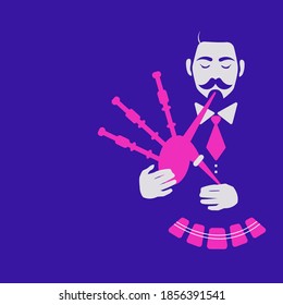 Scottish man bagpiper character in national traditional kilt with pink scottish musical instrument bagpipe. Vector isolated illustration on blue background. Modern flat design.