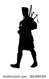 Scottish man bagpipers in traditional dress silhouette vector on white background