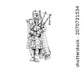 Scottish man dressed in kilt playing traditional bagpipes. Vintage vector hatching color hand drawn illustration isolated on white background