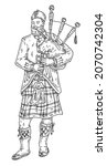 Scottish man dressed in kilt playing traditional bagpipes. Vintage vector black engraving illustration. Isolated on white background. Hand drawn design ink