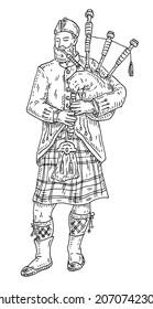 Scottish man dressed in kilt playing traditional bagpipes. Vintage vector black engraving illustration. Isolated on white background. Hand drawn design ink