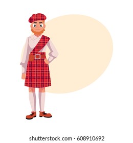 Scottish man in national clothes, red tartan beret and kilt, cartoon vector illustration with place for text. Full length portrait of Scottish man in tartan, plaid and kilt