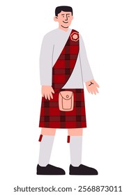 Scottish man wearing Scotland traditional Kilt skirt tradition cultural heritage attire red pattern accessory colorful character design