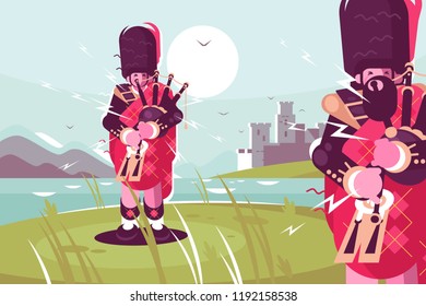 Scottish men bagpipers wearing traditional dress. National musician players sunset landscape background. Flat. Vector illustration