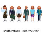 Scottish men in national and modern clothes. Flat vector illustration.