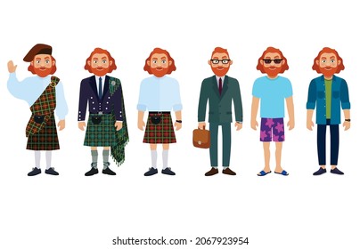 Scottish men in national and modern clothes. Flat vector illustration.