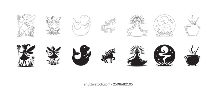 Scottish Mythology and Folklore Icons Set. Editable minimalist and outline vector icons. Perfect for web and app interfaces, presentations, info graphics, etc. In black color on a white background
