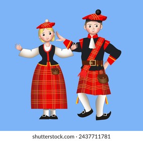 Scottish national costume. Scottish man and woman on a blue background. Vector illustration