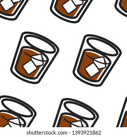 Scottish national drink whiskey cola and ice seamless pattern vector glass coke and alcohol beverage cuisine and culture traveling and tourism endless texture travel to Scotland gastronomy attraction