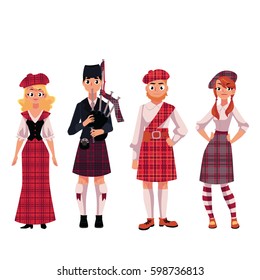 Scottish people in traditional national costumes, tartan berets and kilts, cartoon vector illustration isolated on white background. Set of Scottish people, men and women, in tartan, plaid and kilts