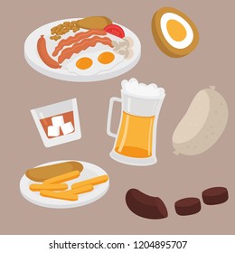 Scottish plate with sausage, egg, becon, tomato, mushrooms and beans. Edinburgh cafe menu. Street food Fish and chips. Beer pub in Scotland. Whiskey, Haggis and black pudding vector illustration.