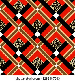 Scottish red tartan grunge seamless pattern with leopard spots eps 10