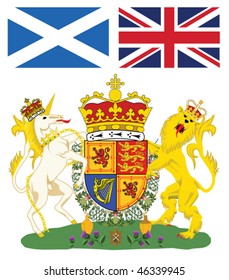 Scottish royal coat of arms with flags of Scotland and Great Britain