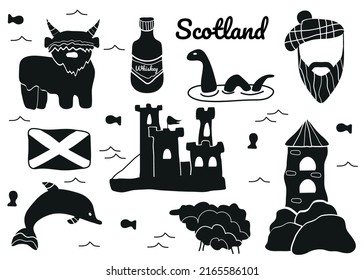 The Scottish set. The background of the vector illustration. Whiskey, yak, fortress, castle, dolphin, sheep, Loch Ness monster, flag, bagpipes, hat, man with beard, fish. Traditions of the country.