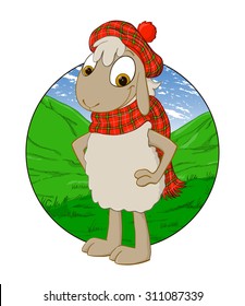 Scottish sheep in a plaid dress on a background of undulating pastures