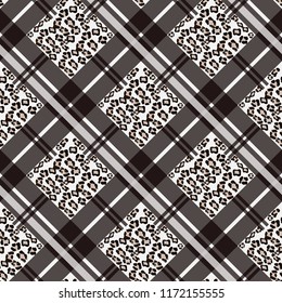Scottish tartan grunge seamless pattern with leopard spots eps10