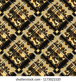 Scottish tartan grunge seamless pattern leopard spots. tartan with leopard style. eps 10.