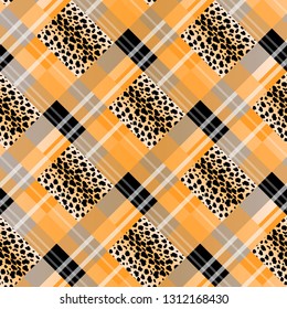 Scottish tartan grunge seamless pattern leopard spots. tartan with leopard style. eps 10.