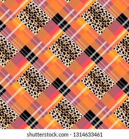 Scottish tartan grunge seamless pattern leopard spots. tartan with leopard style. eps 10.