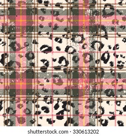 Scottish tartan grunge seamless pattern with leopard spots