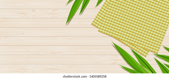 Scottish or tartan pattern printed napkins with pandan leaves on rustic wooden background. Table setting with space for text. Top view flat lay design vector illustration.