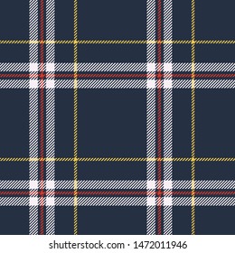 Scottish tartan pattern. Seamless multicolored check plaid in dark blue, red, yellow, and off white for modern textile design.