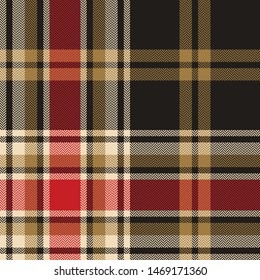 Scottish tartan pattern. Seamless winter check plaid in gold, dark grey, and red for flannel shirt, poncho, blanket, throw, or other modern fabric design.