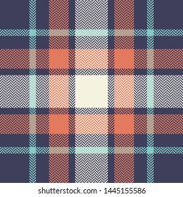 Scottish tartan plaid pattern. Multicolor check plaid in blue, orange, beige, and turquoise for modern fashion textile design. herringbone woven pixel texture.