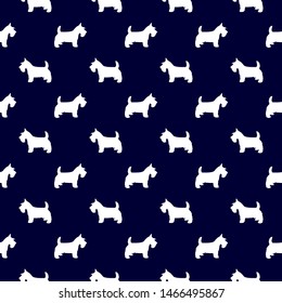 Scottish Terrier dog breed seamless pattern in dark navy blue colored background.