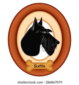 Scottish Terrier Dog Portrait, cherry wood frame with mat, dog bone treat tag, isolated on white background. EPS8 compatible.