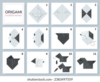 Scottish terrier origami scheme tutorial moving model. Origami for kids. Step by step how to make a cute origami dog. Vector illustration.