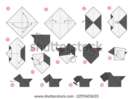 Scottish terrier origami scheme tutorial moving model. Origami for kids. Step by step how to make a cute origami dog. Vector illustration.