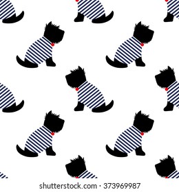 Scottish terrier in a sailor t-shirt seamless pattern. Sitting dogs on white background illustration. Child drawing style puppy background. French style dressed dog with red medal and striped frock.