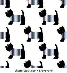 Scottish terrier in a sailor t-shirt seamless pattern. Cute dogs on white background illustration. Child drawing style puppy background. French style dressed dog with red medal and striped frock.
