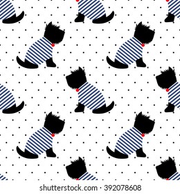 Scottish terrier in a sailor t-shirt seamless pattern. Sitting dogs on white polka dots background. Child drawing style puppy background. French style dressed dog with red medal and striped frock.