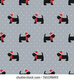 Scottish terrier in xmas hat seamless pattern.Cute dogs on polka dots background illustration. Chinese new year 2018. Design for textile, fabric and decor.