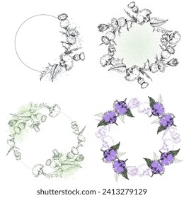 Scottish Thistle Flower circle frame. Hand drawn round line border, leaves and flowers.