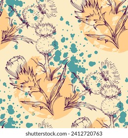 Scottish Thistle Flower Seamless Pattern. Colorful abstract flowers bouquet.