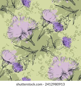 Scottish Thistle Flower Seamless Pattern. Colorful abstract flowers bouquet.