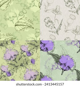 Scottish Thistle Flower Seamless Pattern. Colorful abstract flowers bouquet.