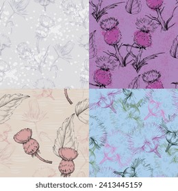 Scottish Thistle Flower Seamless Pattern. Colorful abstract flowers bouquet.