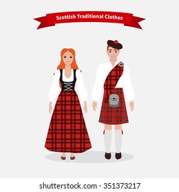 Scottish traditional clothes people. Culture scotland, clothing tradition, kilt skirt, costume uniform, person in national dress, scotsman and tartan, celtic and highlander illustration