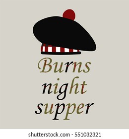 Scottish Traditional Hat. Burns Night Supper. Vector Illustration.