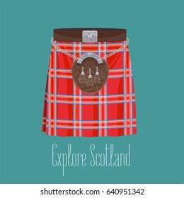 Scottish traditional skirt kilt with square pattern vector illustration. Concept image of traveling to Scotland