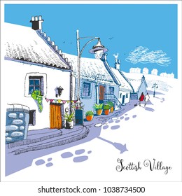 Scottish Village, hand drawn urban sketch,vector illustration.