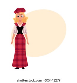 Scottish woman in traditional national costume, tartan beret and long kilt, cartoon vector illustration with place for text. Full length portrait of Scottish woman in tartan, plaid and kilt