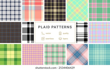 Scottish-inspired plaid collection with rustic checkered designs. Great for fashion, fabric prints, and geometric textile patterns.
