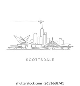 Scottsdale Skyline Line Art with Plane, Arizona, and USA.